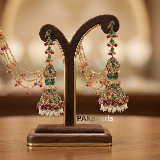 Side angle of Traditional Pakistani Wedding Jewelry Set showing intricate gold filigree work