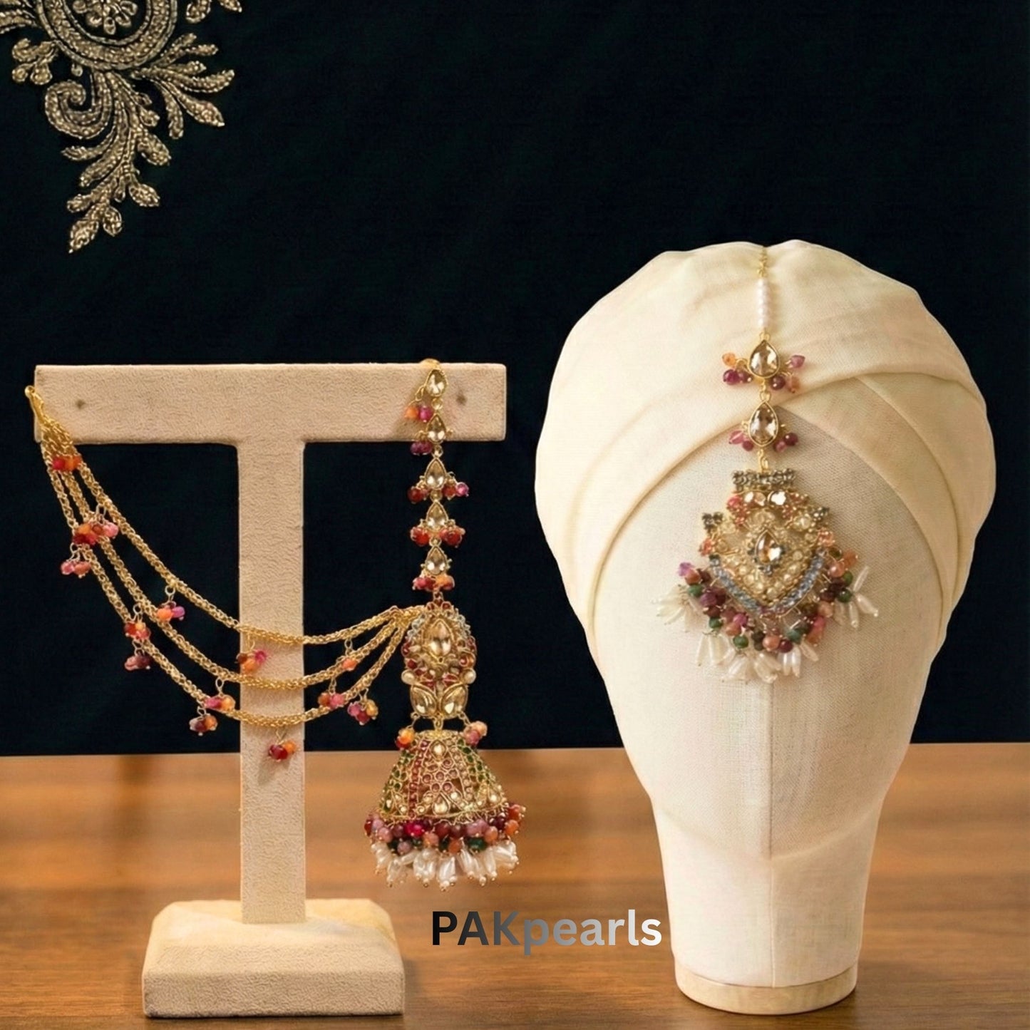 Traditional Nauratan Jhumka Earrings and Tikka Set with Gold Sahara Ear Chains by PAKpearls