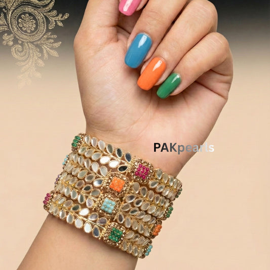 Mirror Kundan 4-Piece Bangle Set with Pearls