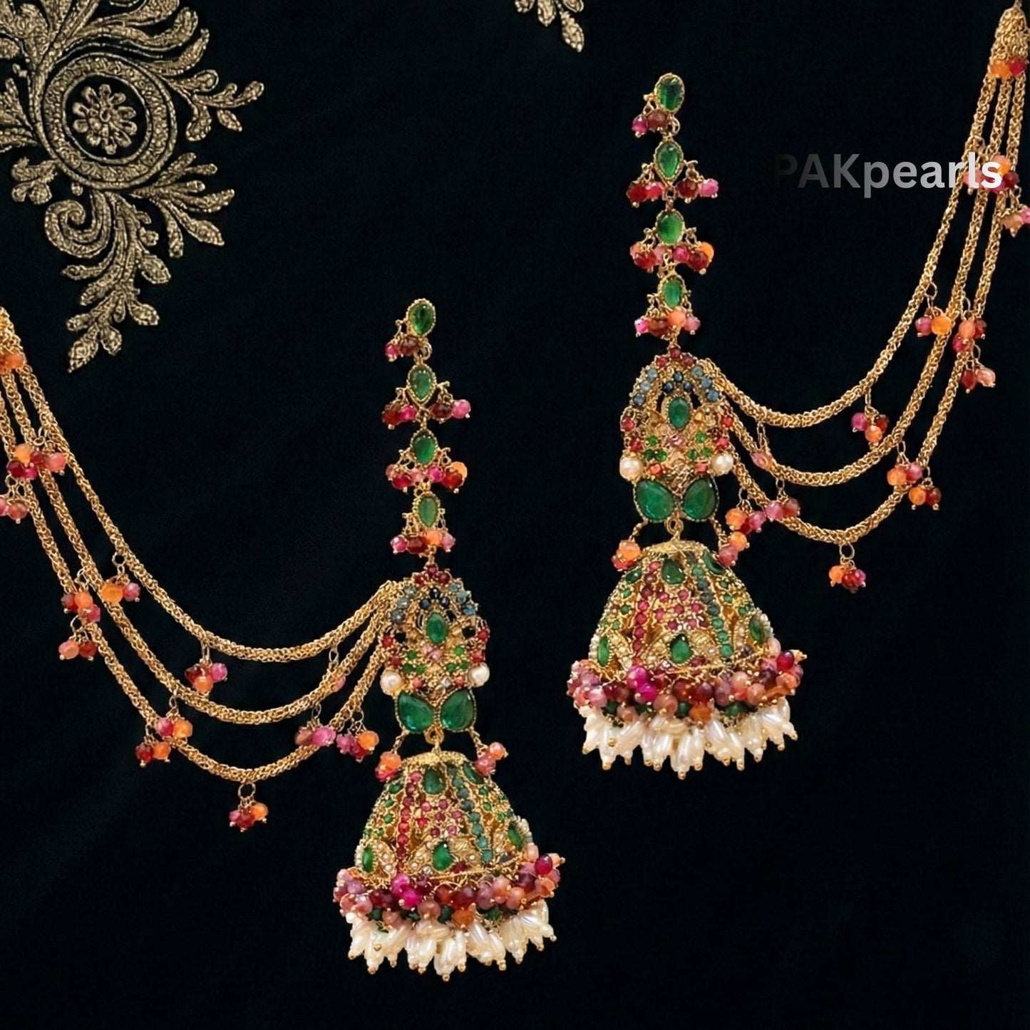 Gold Ear Chains Sahara supports with colored beads attached to heavy bridal earrings