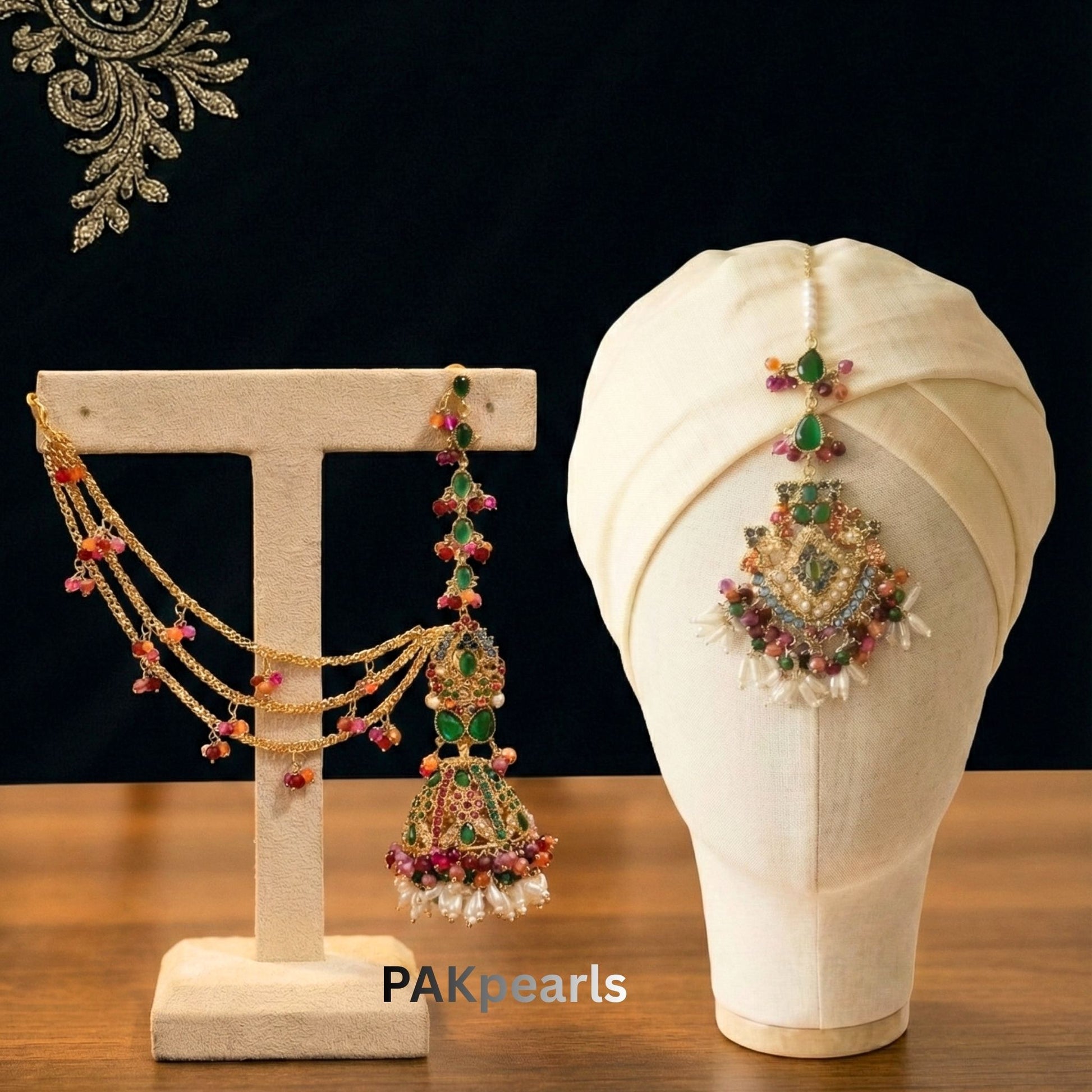 Detailed view of Maang Tikka with Champagne Crystals and Traditional Nauratan setting