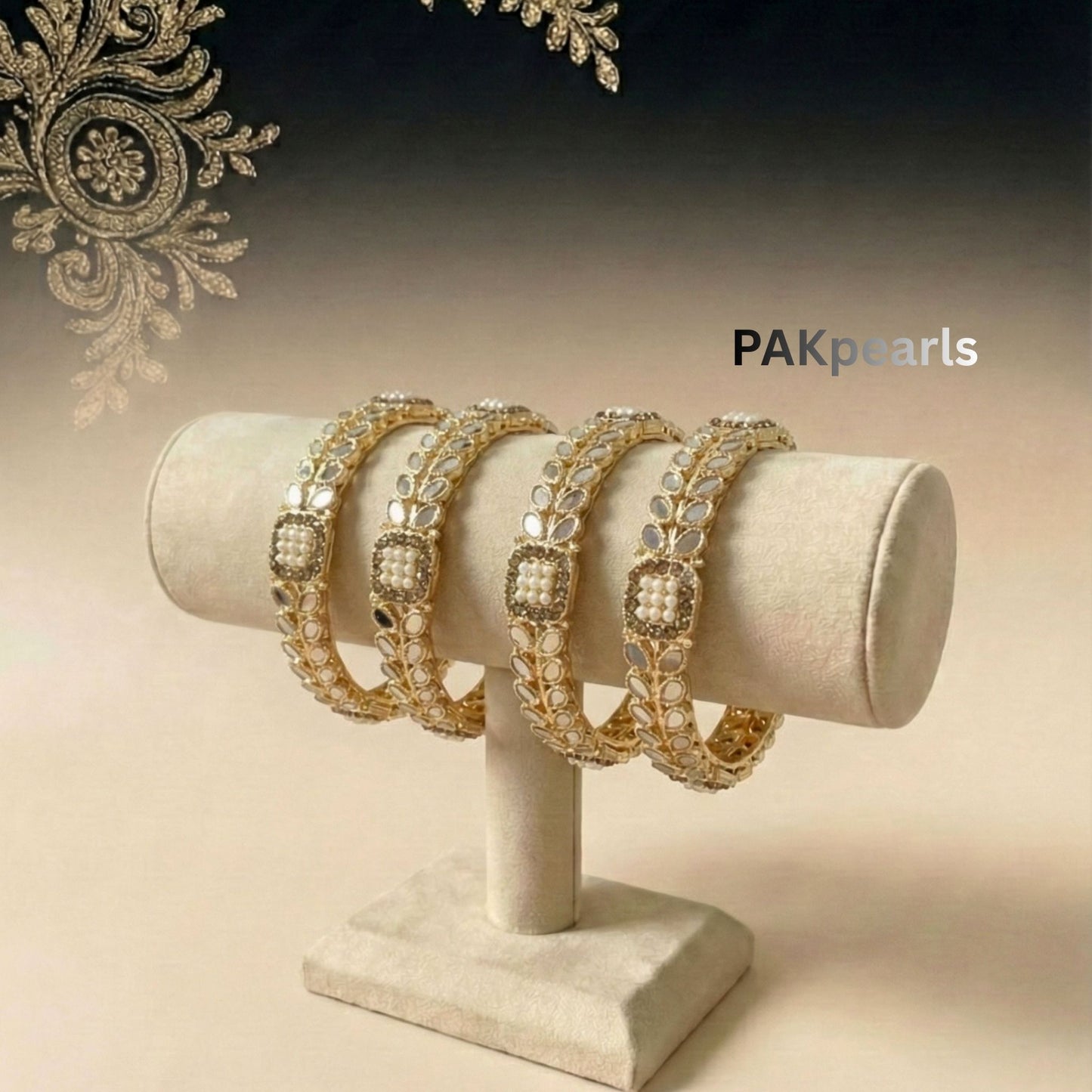 Mirror Kundan 4-Piece Bangle Set with Pearls