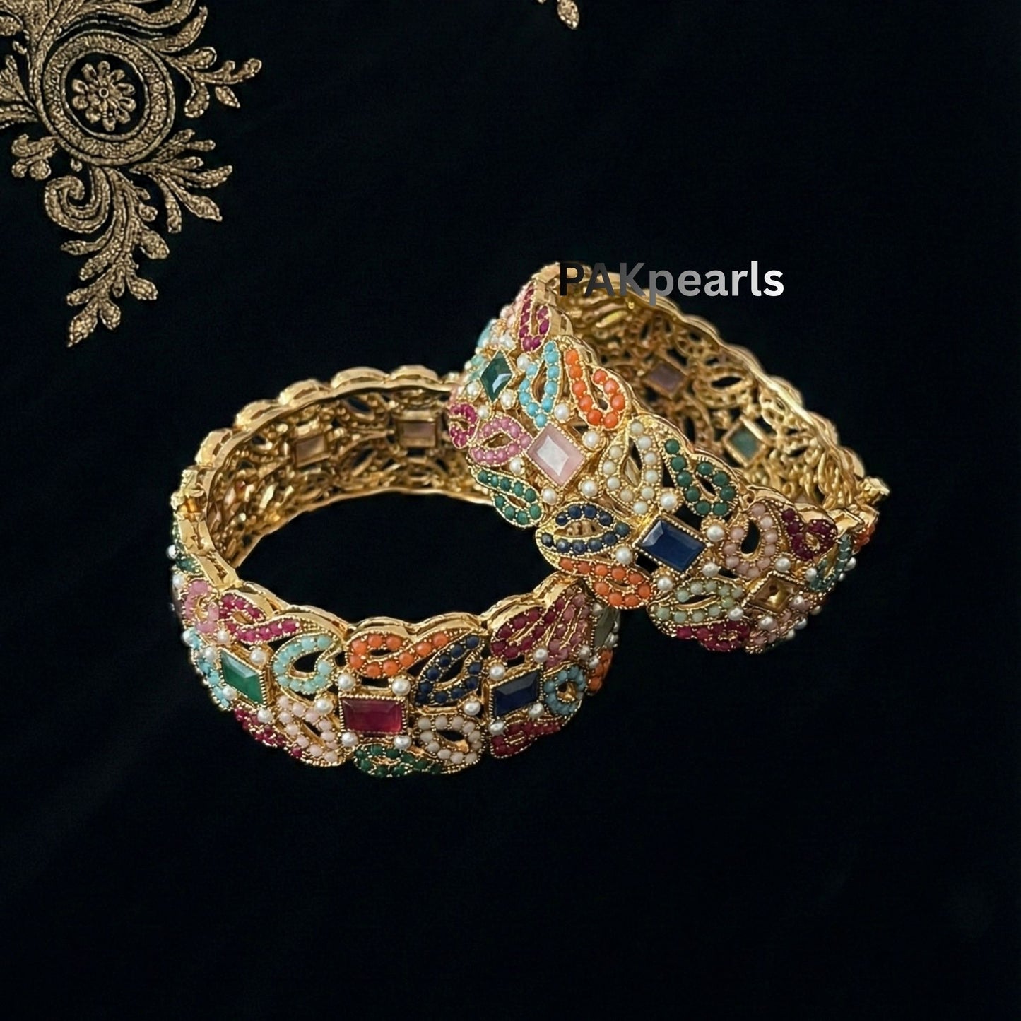 Pair of wide Nauratan gold-plated bangles Set